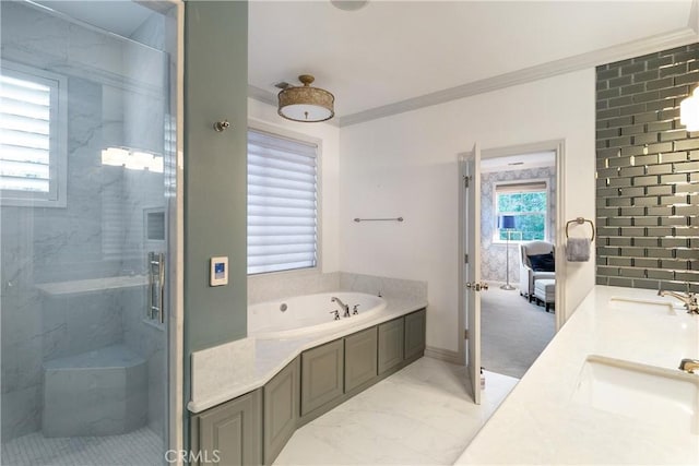 bathroom featuring vanity, separate shower and tub, and crown molding