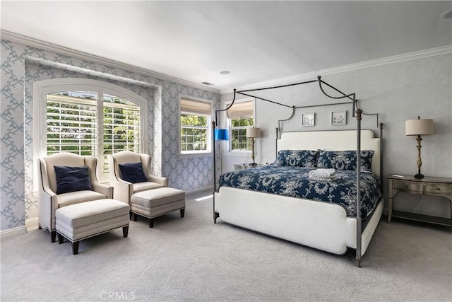 bedroom with carpet flooring and crown molding