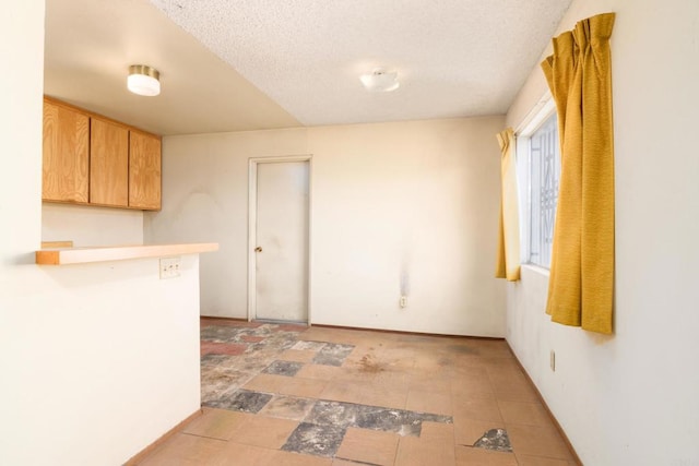 kitchen with kitchen peninsula and a textured ceiling