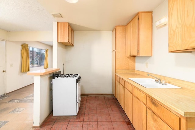 kitchen with wood counters, light brown cabinets, white range with gas stovetop, and sink