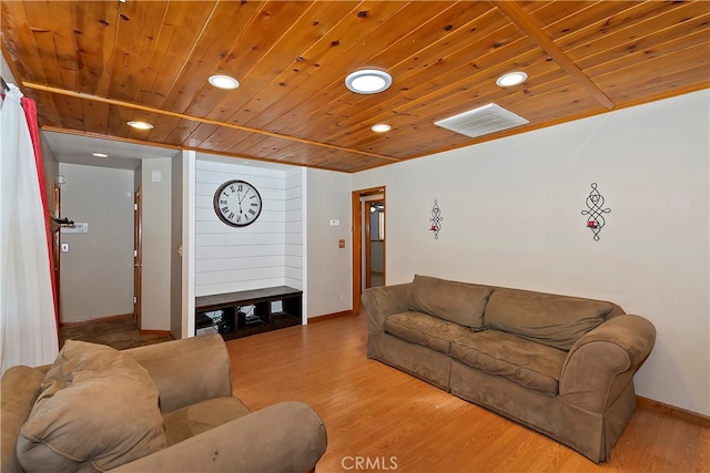 living room featuring wooden ceiling and hardwood / wood-style flooring