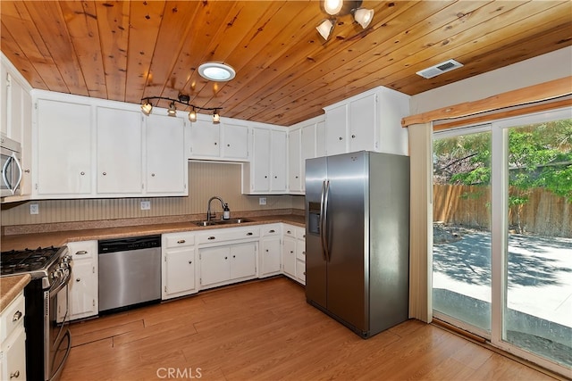 kitchen with light wood-type flooring, sink, stainless steel appliances, and white cabinets