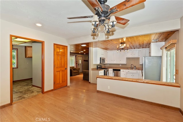 kitchen featuring white cabinets, sink, kitchen peninsula, light hardwood / wood-style flooring, and stainless steel appliances