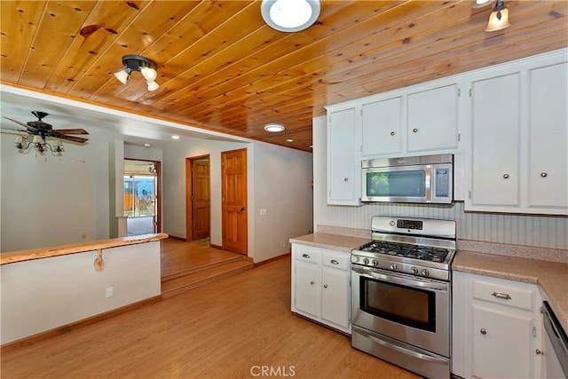 kitchen featuring wood ceiling, light hardwood / wood-style flooring, stainless steel appliances, and white cabinets