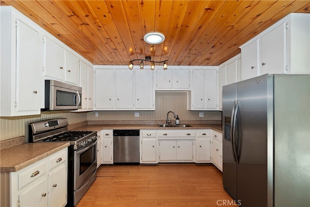 kitchen with sink, white cabinetry, light hardwood / wood-style flooring, stainless steel appliances, and wooden ceiling