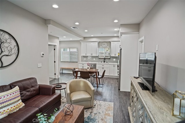 living room with sink and dark wood-type flooring