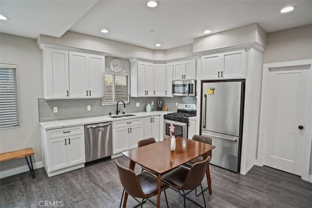 kitchen featuring white cabinets, sink, backsplash, dark wood-type flooring, and appliances with stainless steel finishes