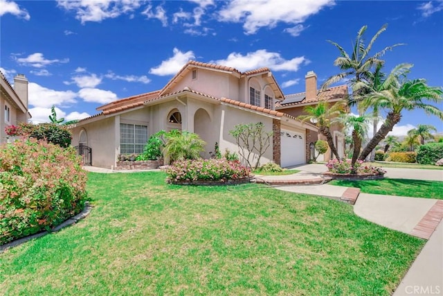 mediterranean / spanish-style house featuring solar panels and a front lawn