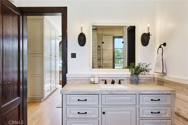 bathroom featuring vanity and wood-type flooring