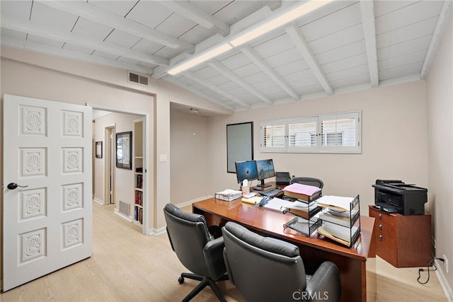 office space featuring vaulted ceiling with beams, light wood-type flooring, and wood ceiling