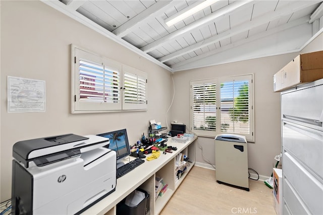 office area with light wood-type flooring, lofted ceiling with beams, and wood ceiling