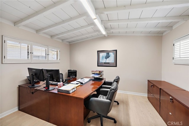 office with vaulted ceiling with beams, a healthy amount of sunlight, light hardwood / wood-style floors, and wooden ceiling