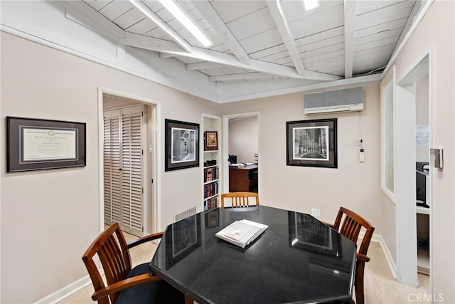 dining area with carpet, beam ceiling, an AC wall unit, and wooden ceiling