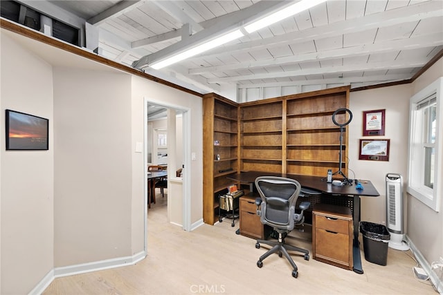 office space with lofted ceiling with beams, wooden ceiling, and light hardwood / wood-style flooring