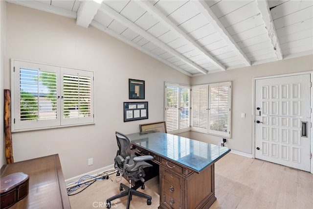 office featuring lofted ceiling with beams, wooden ceiling, a healthy amount of sunlight, and light hardwood / wood-style floors