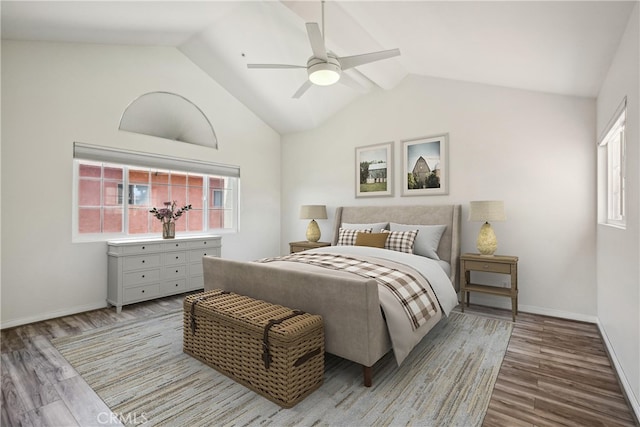 bedroom featuring lofted ceiling, ceiling fan, and wood-type flooring