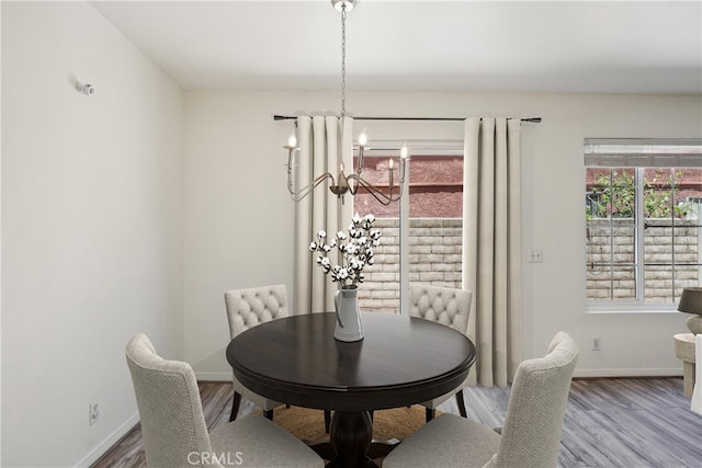 dining room featuring wood-type flooring and a notable chandelier