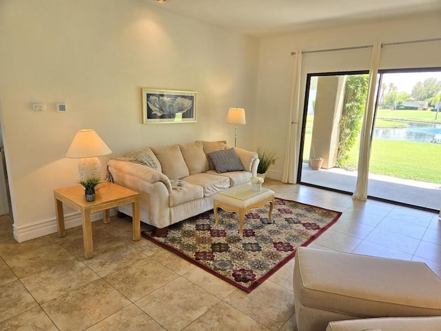 living room featuring light tile patterned flooring