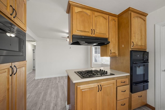 kitchen with light hardwood / wood-style floors and black appliances