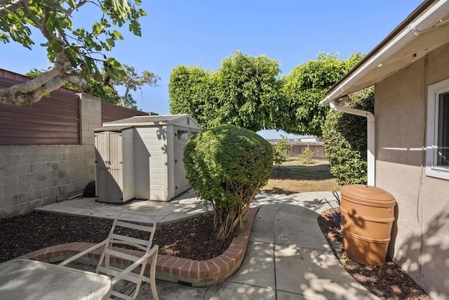 view of patio / terrace featuring a shed