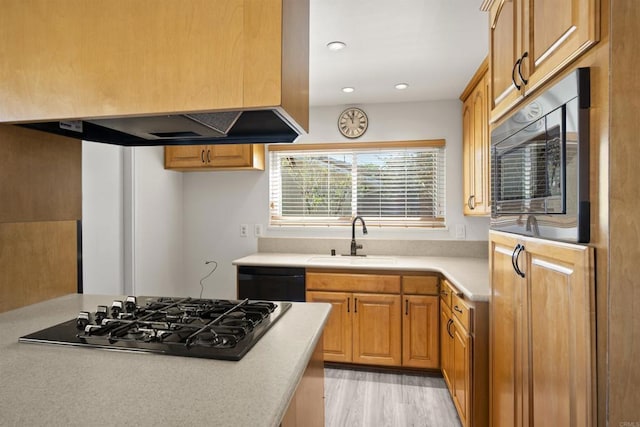 kitchen featuring dishwasher, stainless steel microwave, sink, light hardwood / wood-style flooring, and gas stovetop