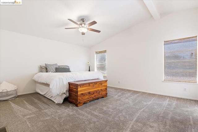 carpeted bedroom with ceiling fan and lofted ceiling with beams