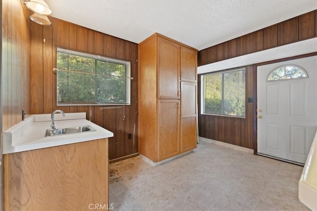 kitchen featuring a wealth of natural light, a textured ceiling, sink, and wooden walls