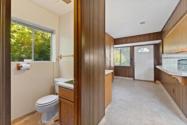 bathroom with toilet, wood walls, and vanity