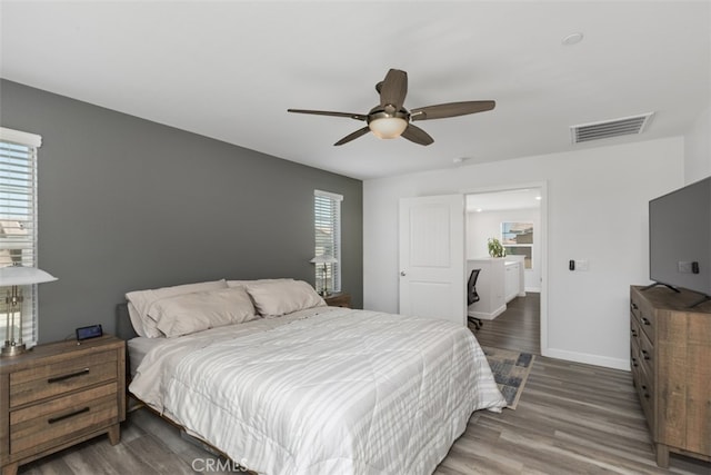 bedroom with multiple windows, ceiling fan, and dark wood-type flooring