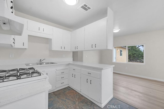 kitchen featuring dark hardwood / wood-style flooring, white cabinetry, sink, and exhaust hood