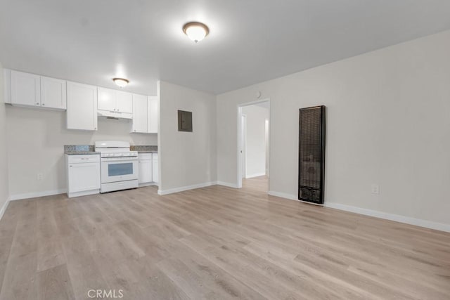 kitchen with white range, light hardwood / wood-style flooring, and white cabinetry