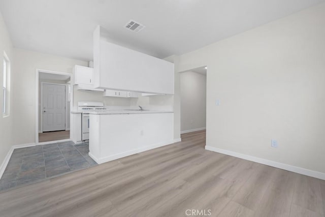 kitchen with kitchen peninsula, white range oven, sink, hardwood / wood-style flooring, and white cabinetry