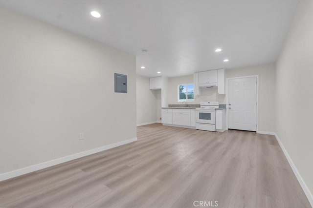 unfurnished living room featuring light wood-type flooring and electric panel