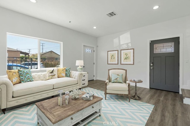 living room with dark wood-type flooring