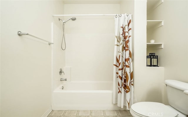 bathroom featuring toilet and shower / bathtub combination with curtain