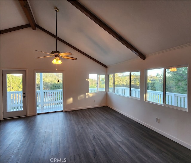 unfurnished sunroom with lofted ceiling with beams and ceiling fan