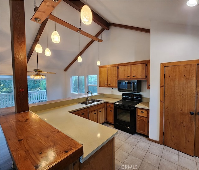 kitchen featuring black appliances, sink, kitchen peninsula, pendant lighting, and beam ceiling