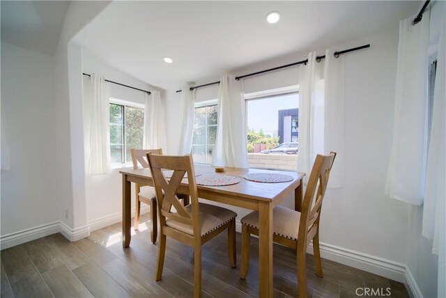 dining room featuring dark wood-type flooring and lofted ceiling