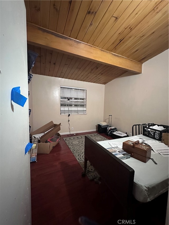 bedroom featuring beamed ceiling, wood ceiling, and wood-type flooring