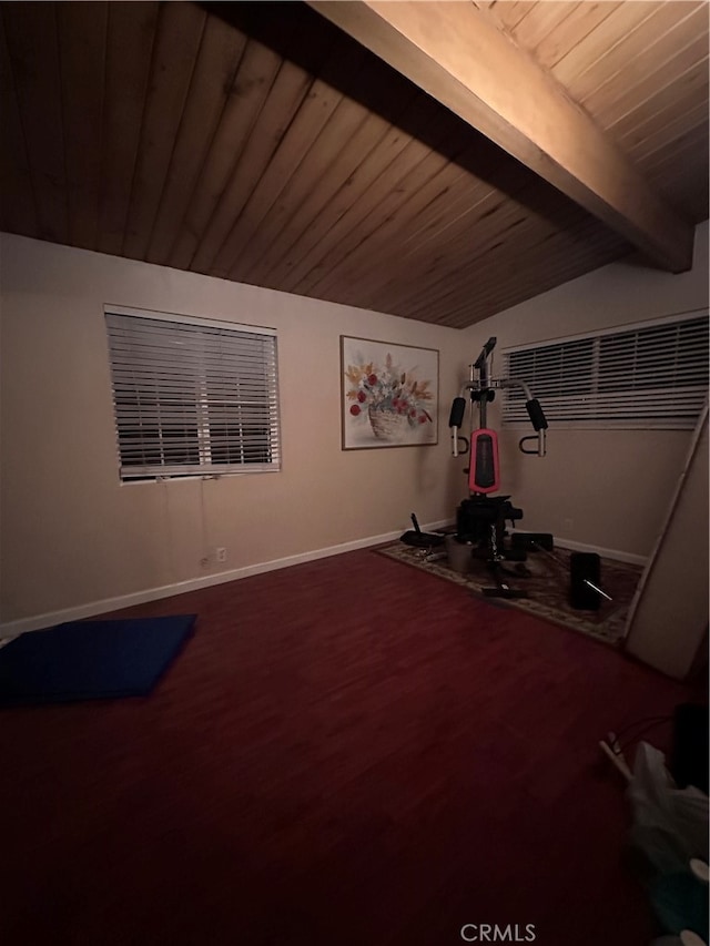 workout area featuring hardwood / wood-style flooring, vaulted ceiling, and wooden ceiling