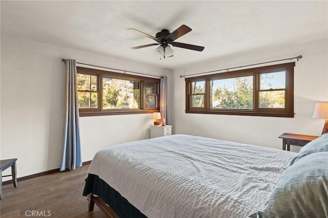 bedroom featuring multiple windows, dark hardwood / wood-style floors, and ceiling fan