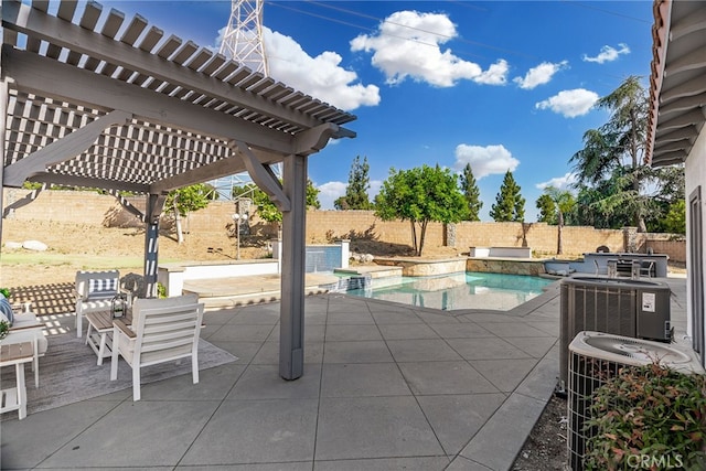 view of swimming pool featuring a pergola, a patio area, and central AC unit