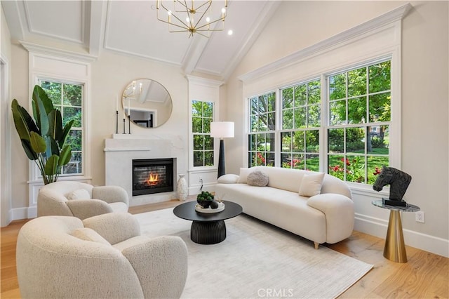 interior space featuring a healthy amount of sunlight, light hardwood / wood-style floors, a fireplace, and high vaulted ceiling