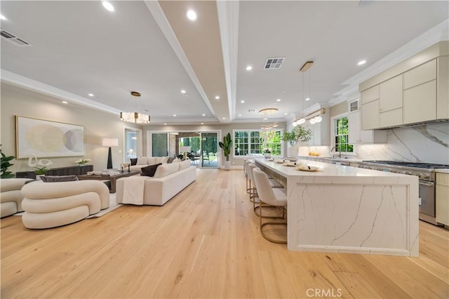 living room featuring light hardwood / wood-style flooring, a healthy amount of sunlight, and sink