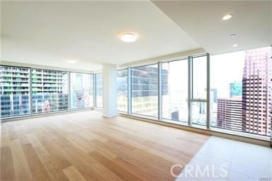 unfurnished room with hardwood / wood-style floors and a wall of windows