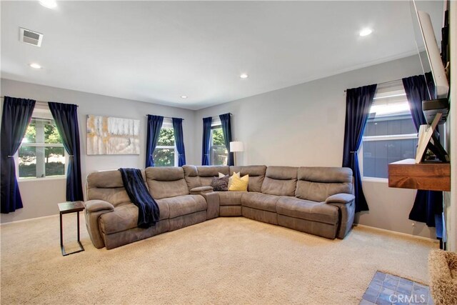 living room with plenty of natural light and carpet