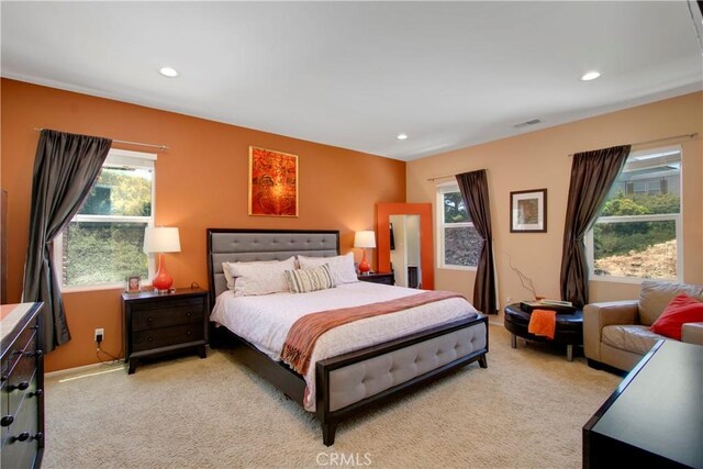 carpeted bedroom with multiple windows