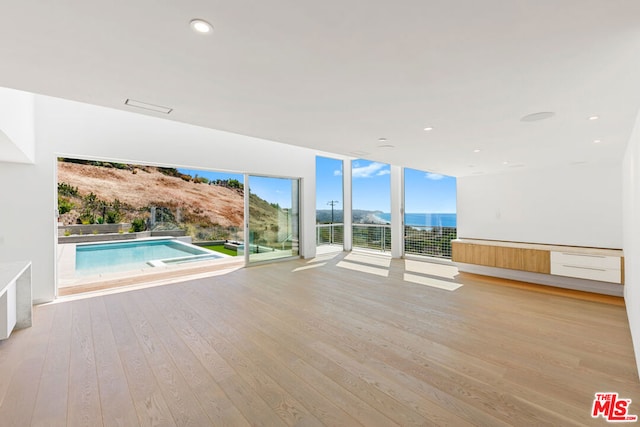 interior space with a mountain view and light hardwood / wood-style flooring