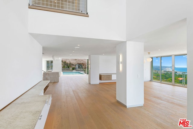 interior space with a wealth of natural light, expansive windows, and light hardwood / wood-style floors