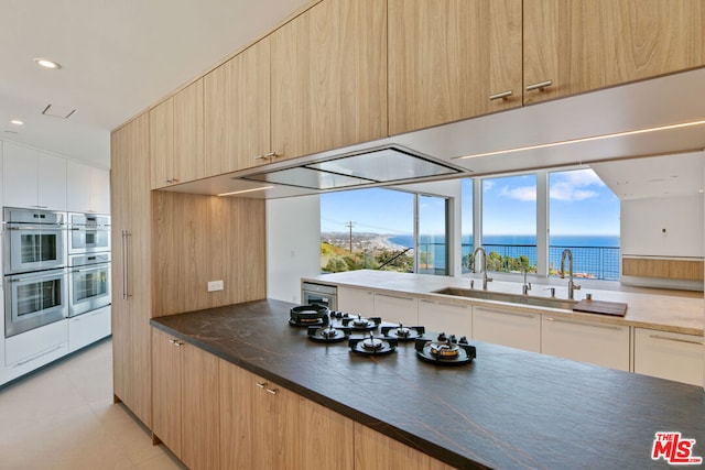 kitchen with sink, a water view, stainless steel double oven, and beverage cooler